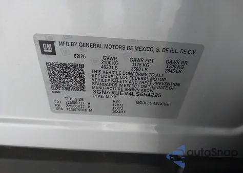 2020 Chevrolet Equinox Awd Lt 1.5L Turbo from USA, damaged, VIN 3GNAXUEV4LS654225